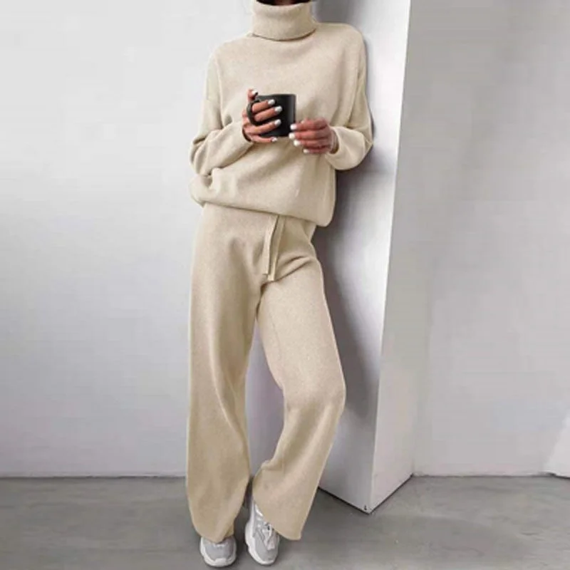 Women Turtleneck Tracksuit Suit Female Autumn Solid Casual Tops Pullovers Long Sleeve Long Pants Two Piece Sets Homewear Outfits