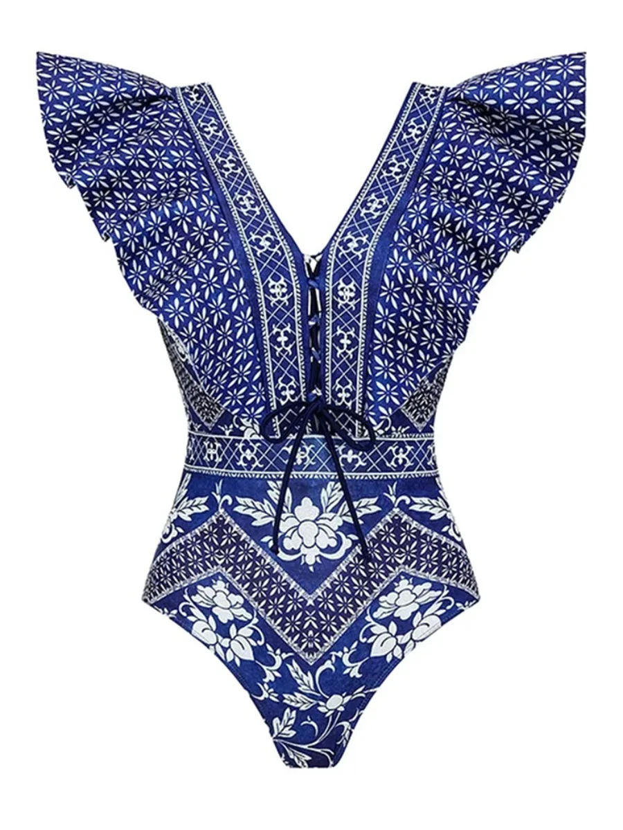 Churchf Shoulder Lotus Side Deep V Sexy Bare Back Swimsuit Woman 2025 New Swimsuit Swimsuit