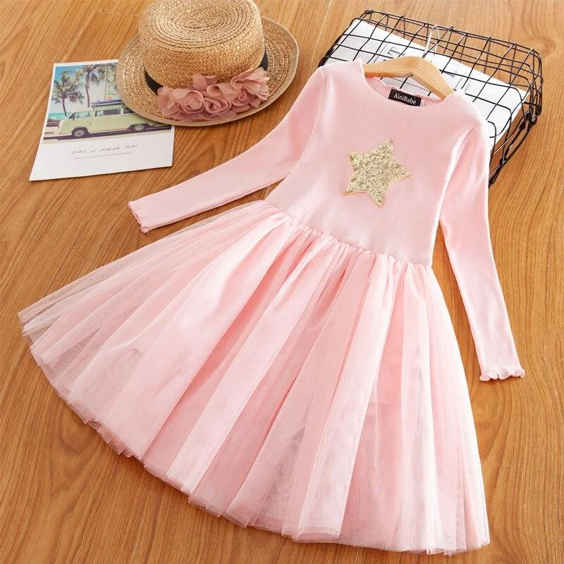 Baby Girls Long Sleeves Dress Sequins Star Party Princess Dress Children's Casual Clothing Winter Daily Clothes Vestido Infantil