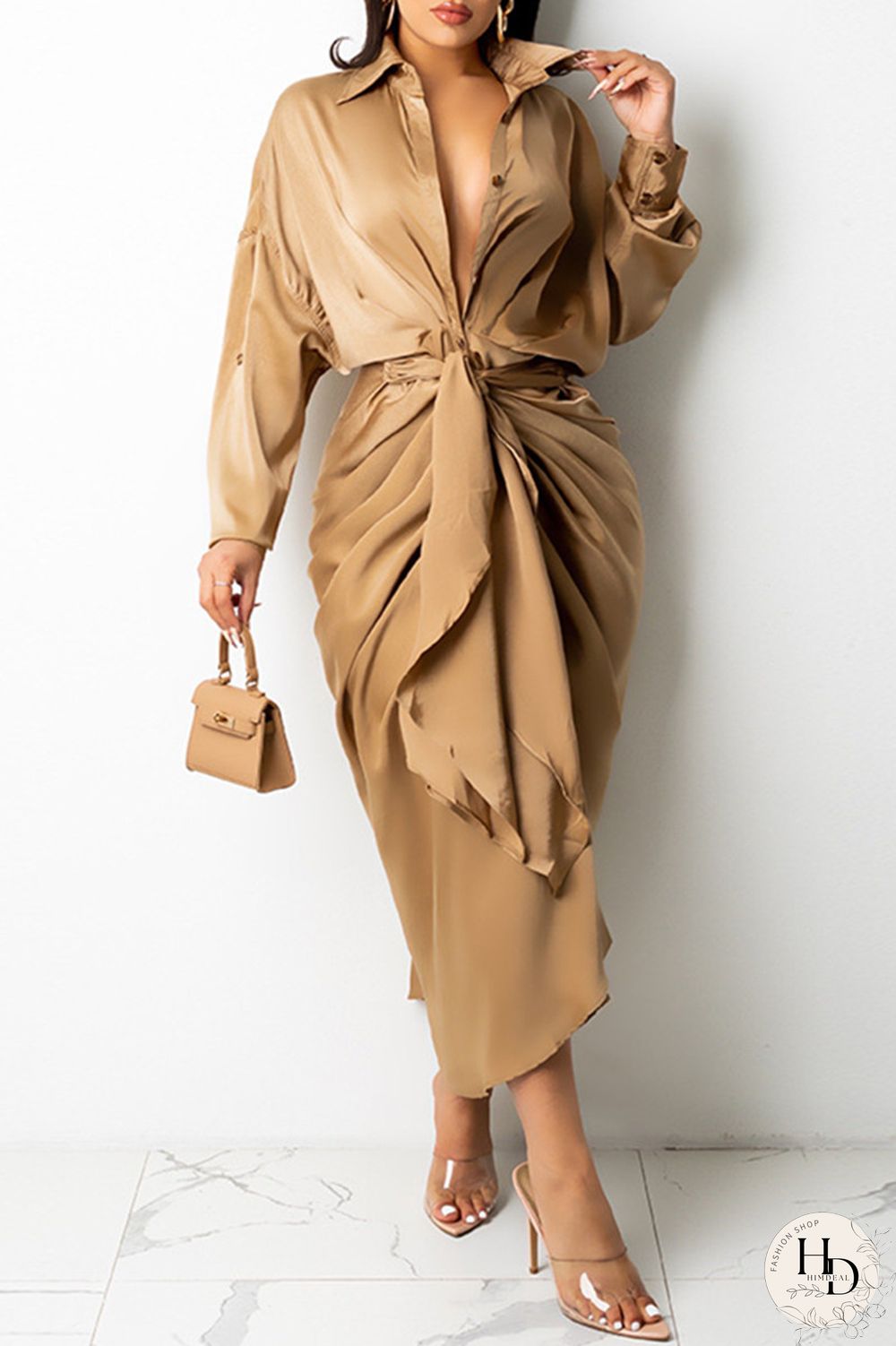 Khaki Fashion Casual Solid Bandage Turndown Collar Long Sleeve Dresses