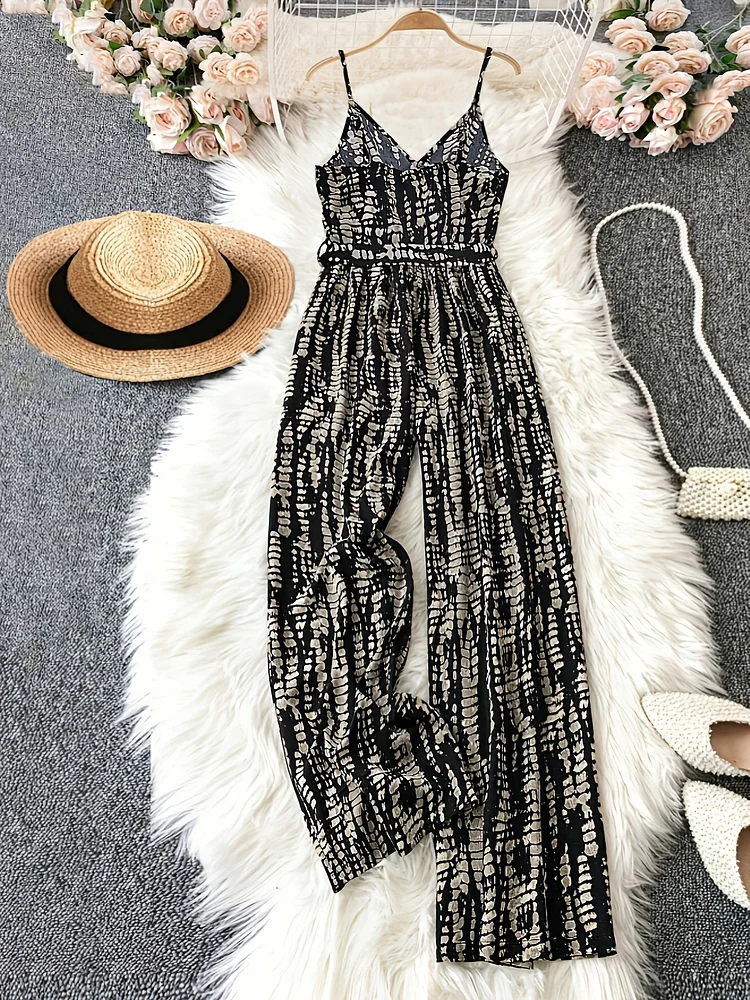 Custom Cat Ear Printed Jumpsuit, Featuring A Belt, Sleeveless Design, And Straps, Perfect For Summer