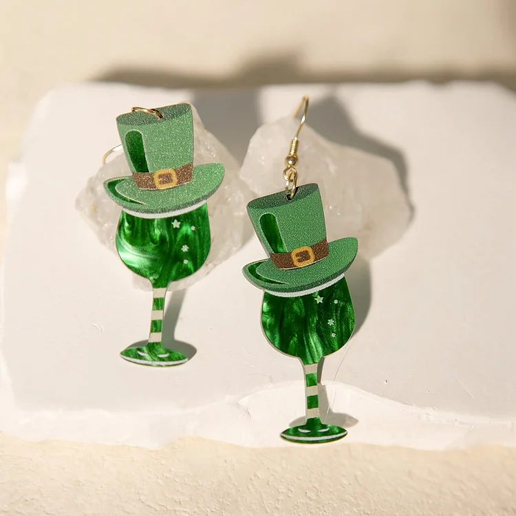 Green Hat Wine Glass Earrings St. Patrick's Day Earrings