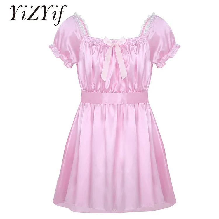 pornhint Pornhint YiZYiF Men Sissy Nightwear Sexy Underwear Square Neckline Shiny Soft Satin High Low Design Crossdress Lingerie Dress with Sash