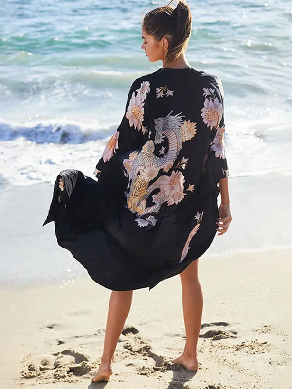 Dragon Print Half Sleeve Cardigan Loose Beach Cover-Up Swimwear
