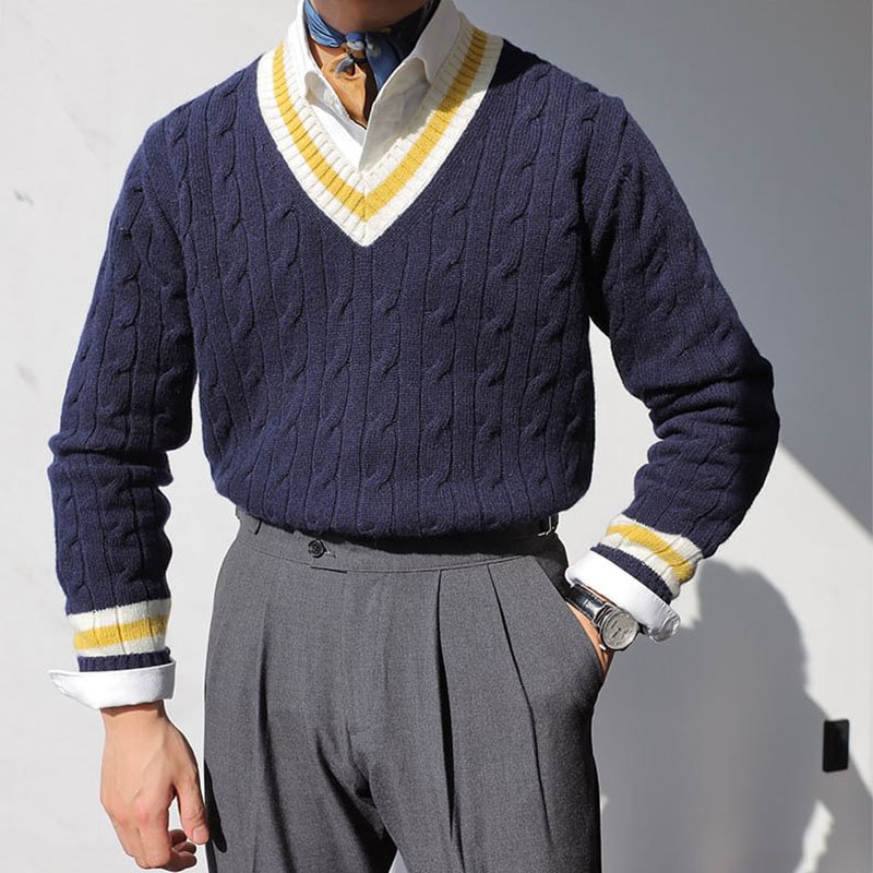 Retro Gentleman Simple Contrast Color V-neck Sweater