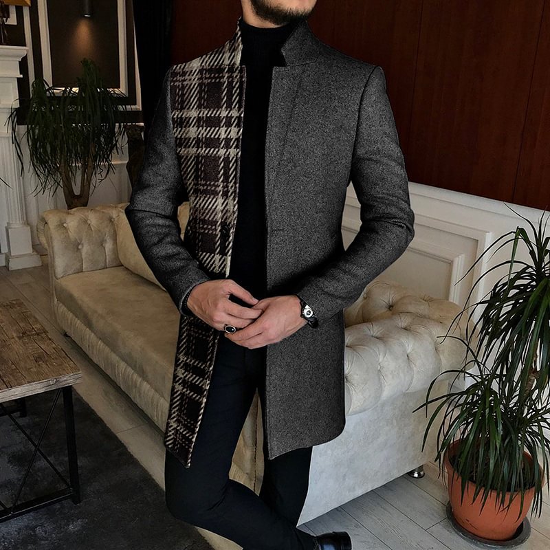 Men's Plaid Patchwork Mid Length Stand Up Collar Tweed Coat