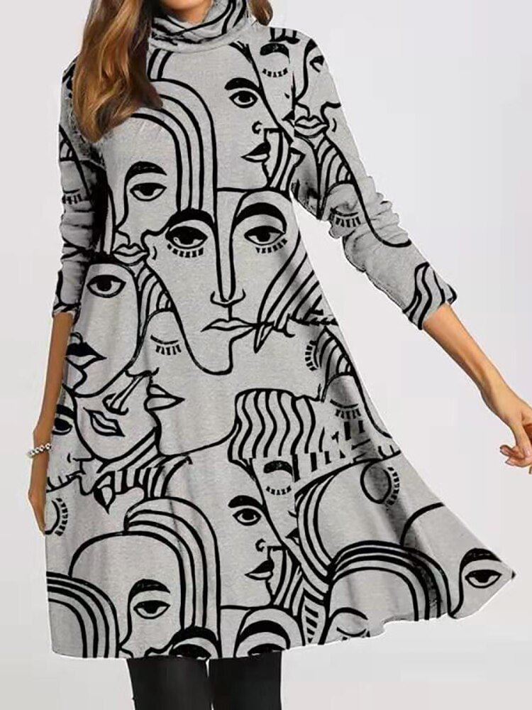 Retro Printed Pile Collar Women Loose Dress Autumn Casual Long Sleeve Patchwork Mini Dress Ladies Vintage Party Dress Vestidos