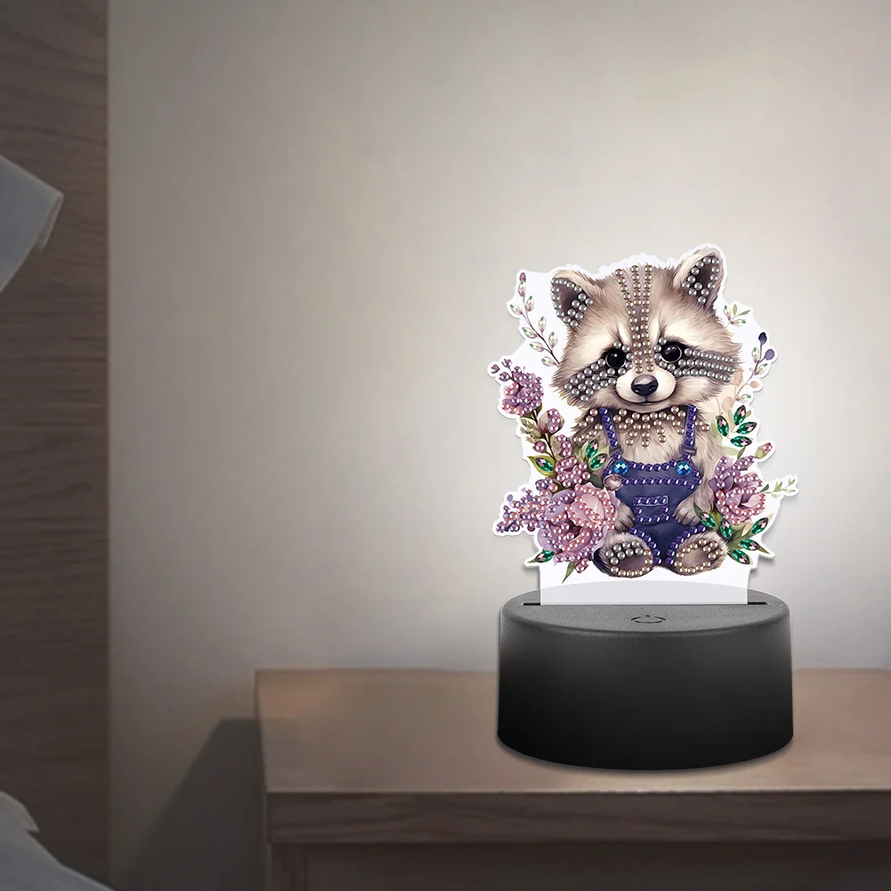 5D DIY Acrylic Raccoon Double Sided Diamond Painting LED Night Light for Adults