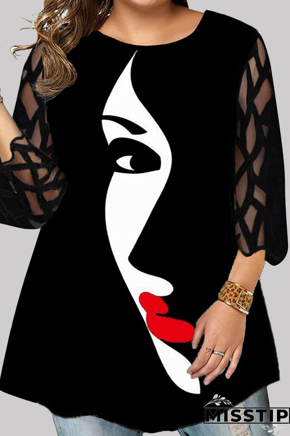 Black Casual Print Patchwork O Neck Plus Size Tops