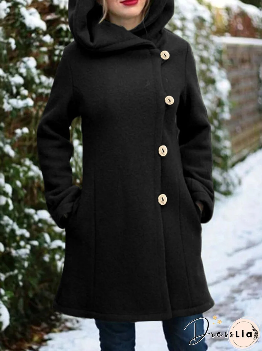 Solid Color Long Sleeves Hooded Warm Coat With Pocket For Women