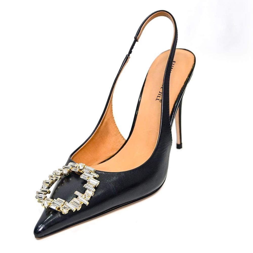 Black Slingback Heels 4 Inch Heels Pointy Toe Pumps Rhinestone Heels