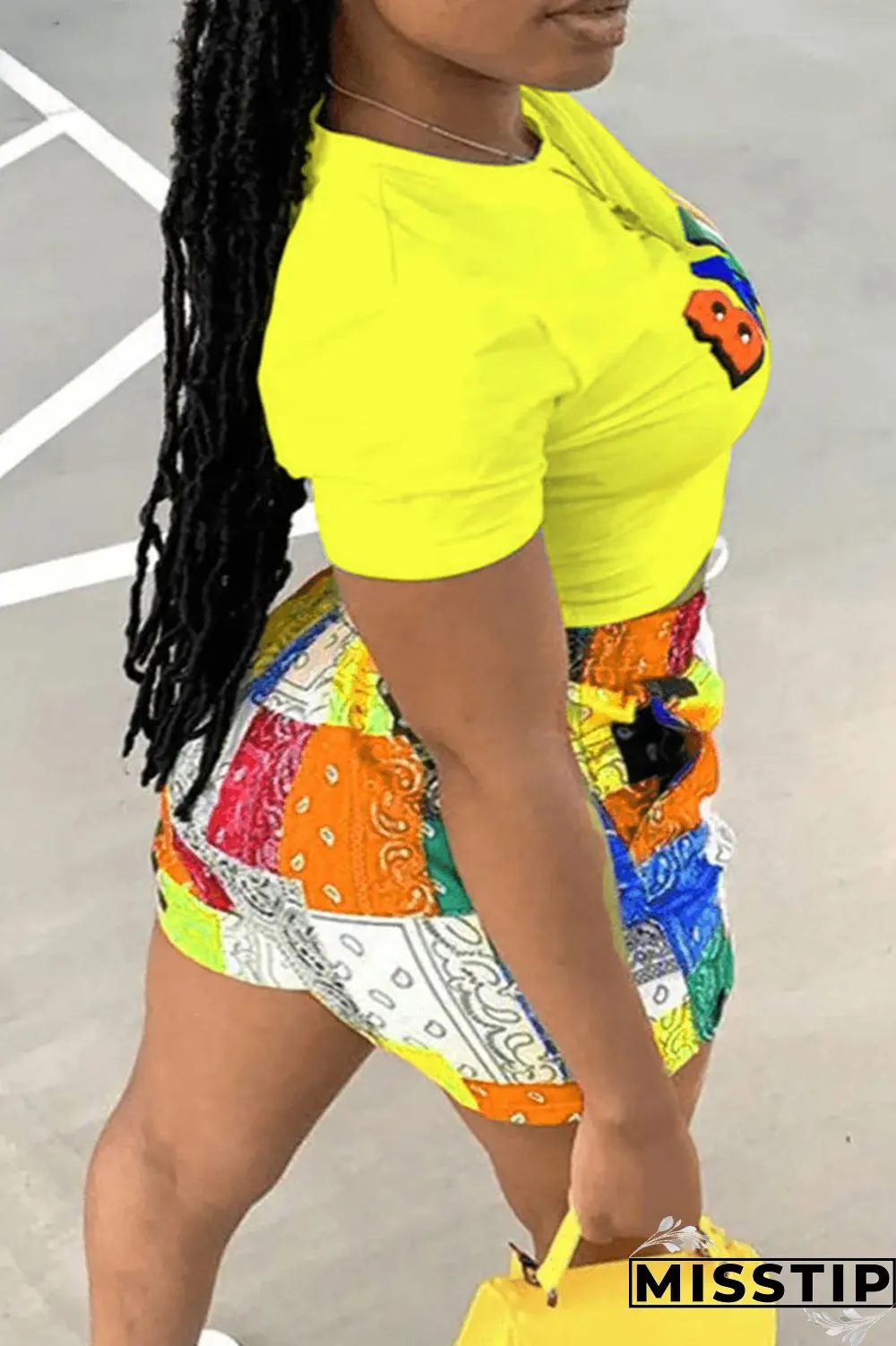 Yellow Casual Print Patchwork O Neck Plus Size Two Pieces