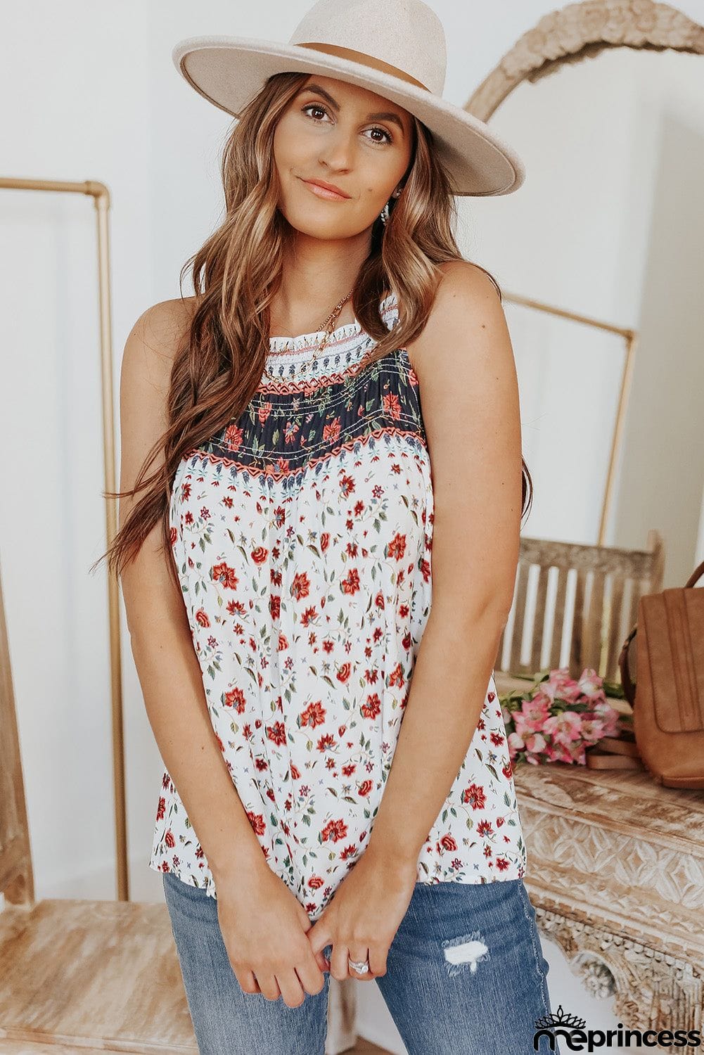 Smocked Frilled Boho Floral Print Halter Tank Top