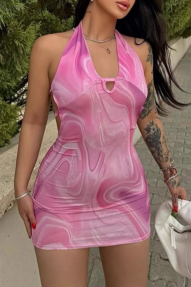 Marble Print Halter Neck Backless Bodycon Mini Dresses-Pink