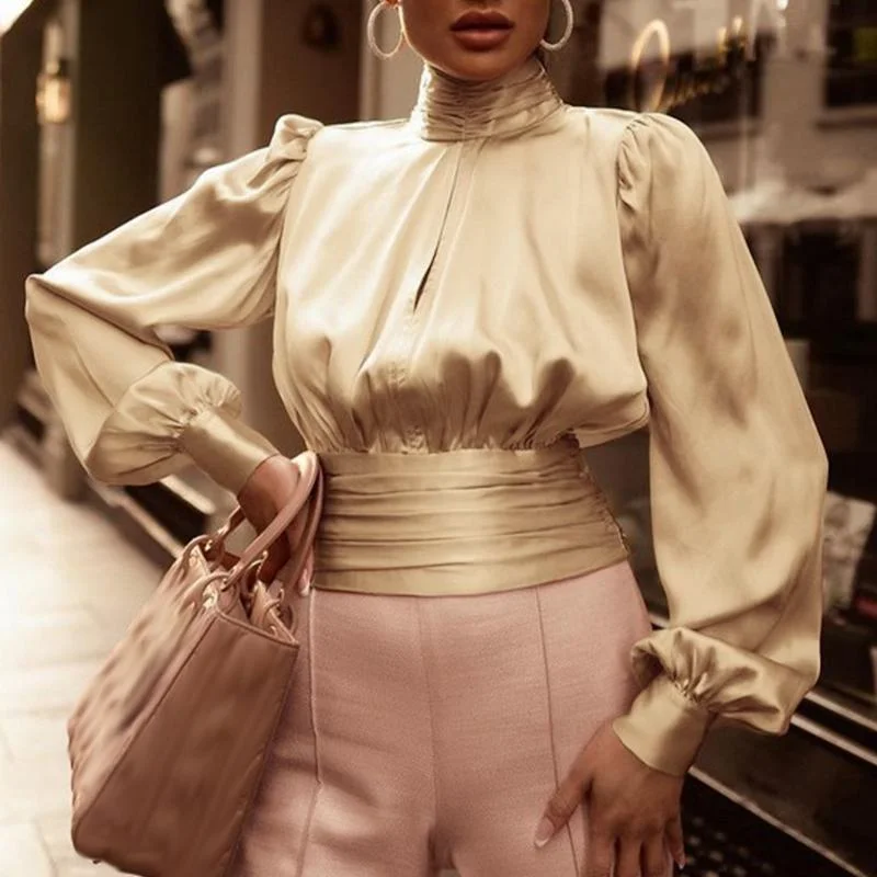 Celmia Pleated Waisted Long Puff Sleeve Tops Street Elegant Satin Fashion Short Tunic High Collar Hollow Out Chest Women Blouses