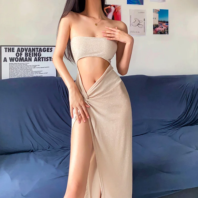Uveng Uveng New 2023 Summer Hot Sexy One-Word Shoulder Fake Two-Piece High Waist Slit Strapless Dress