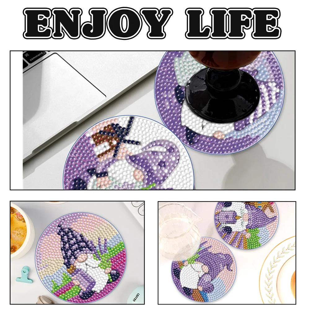 6pcs DIY Lavender Gnome Diamond Crafts Coasters with Holder Wooden DIY Coaster