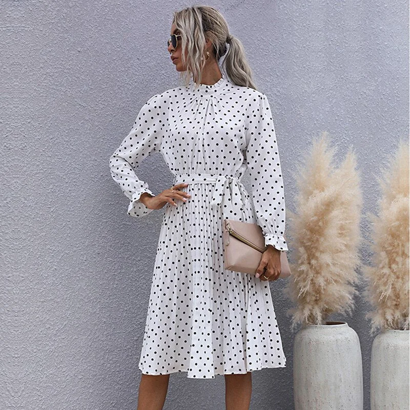 Huiketi Polka Dot Print Dress Women Half Turtleneck Butterfly Sleeve Autumn Winter Slim Bandage Dress