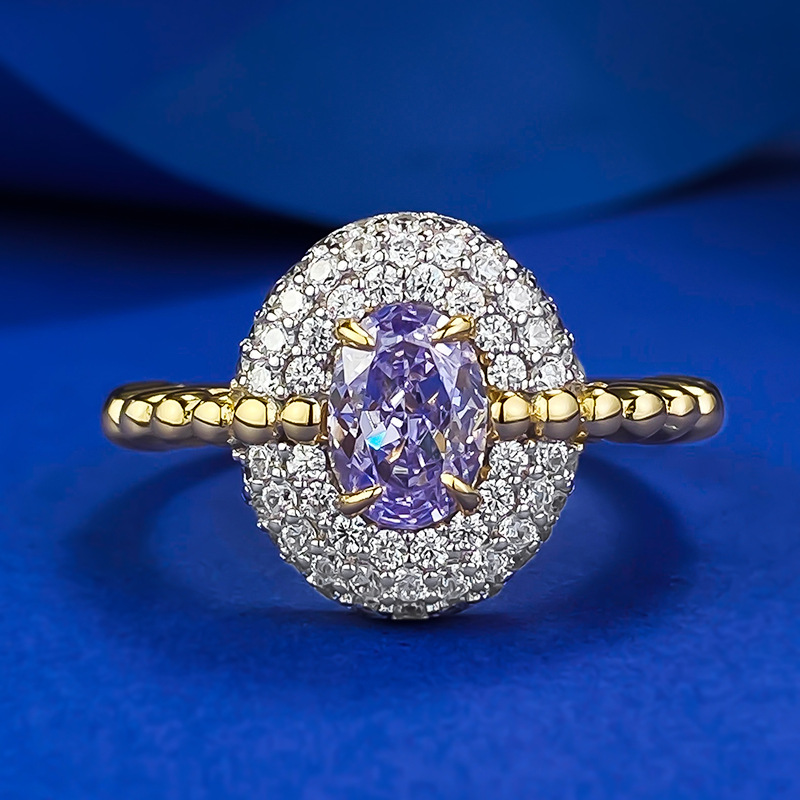 MIKAMU Jewelry Gold-Plated 5*7 Radiant Purple Diamond Ice Flower Cut Ring