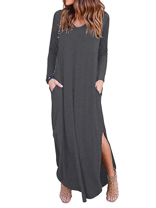 Split-Side Solid Color Loose Long Sleeves V-Neck Maxi Dresses