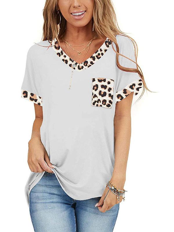 Women Casual Short Sleeve Scoop Neck Leopard Printed Tops With Pockets