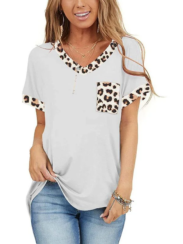 Women Casual Short Sleeve Scoop Neck Leopard Printed Tops With Pockets