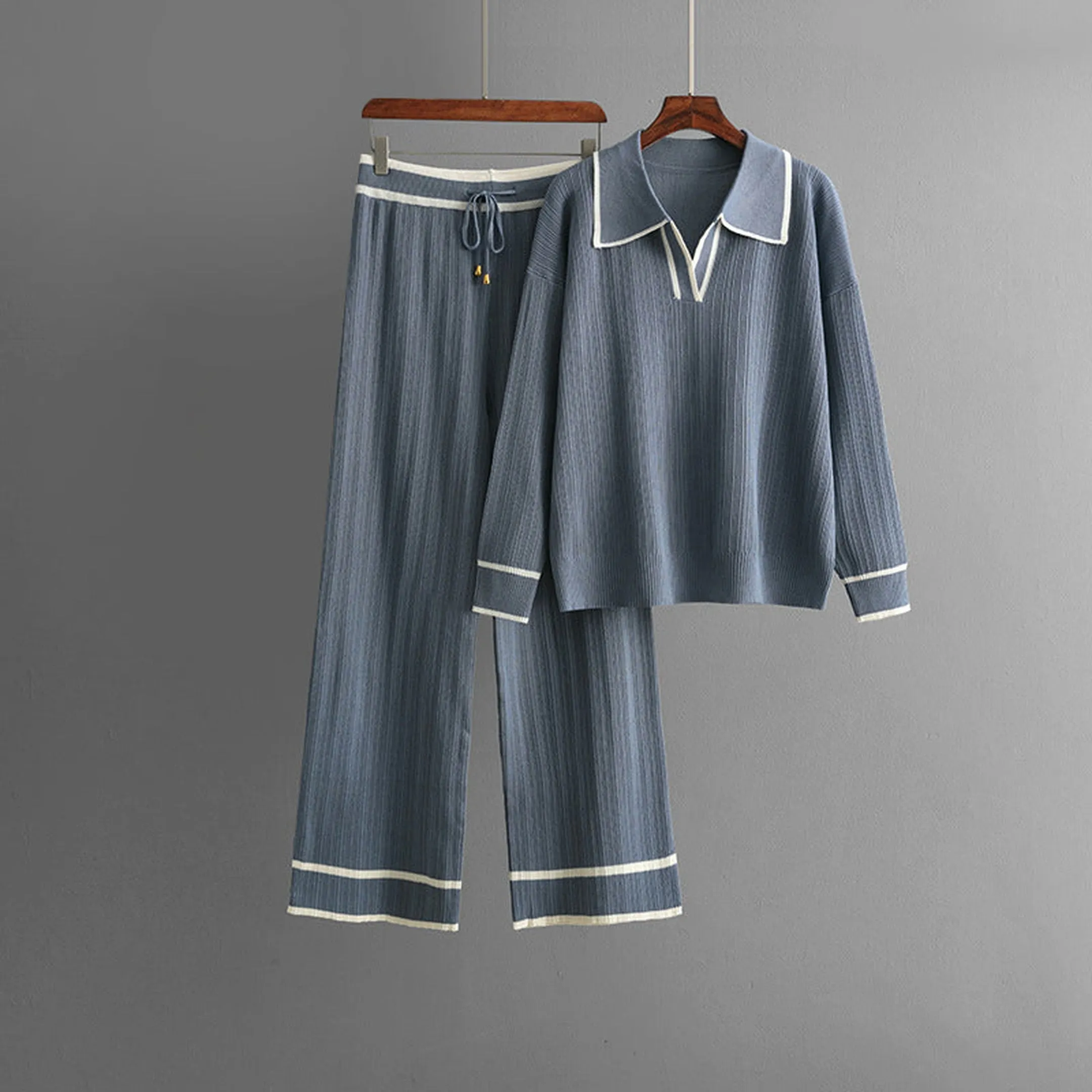 Women's Knit Lounge Set &ndash; Lapel Jumper & Wide-Leg Trousers