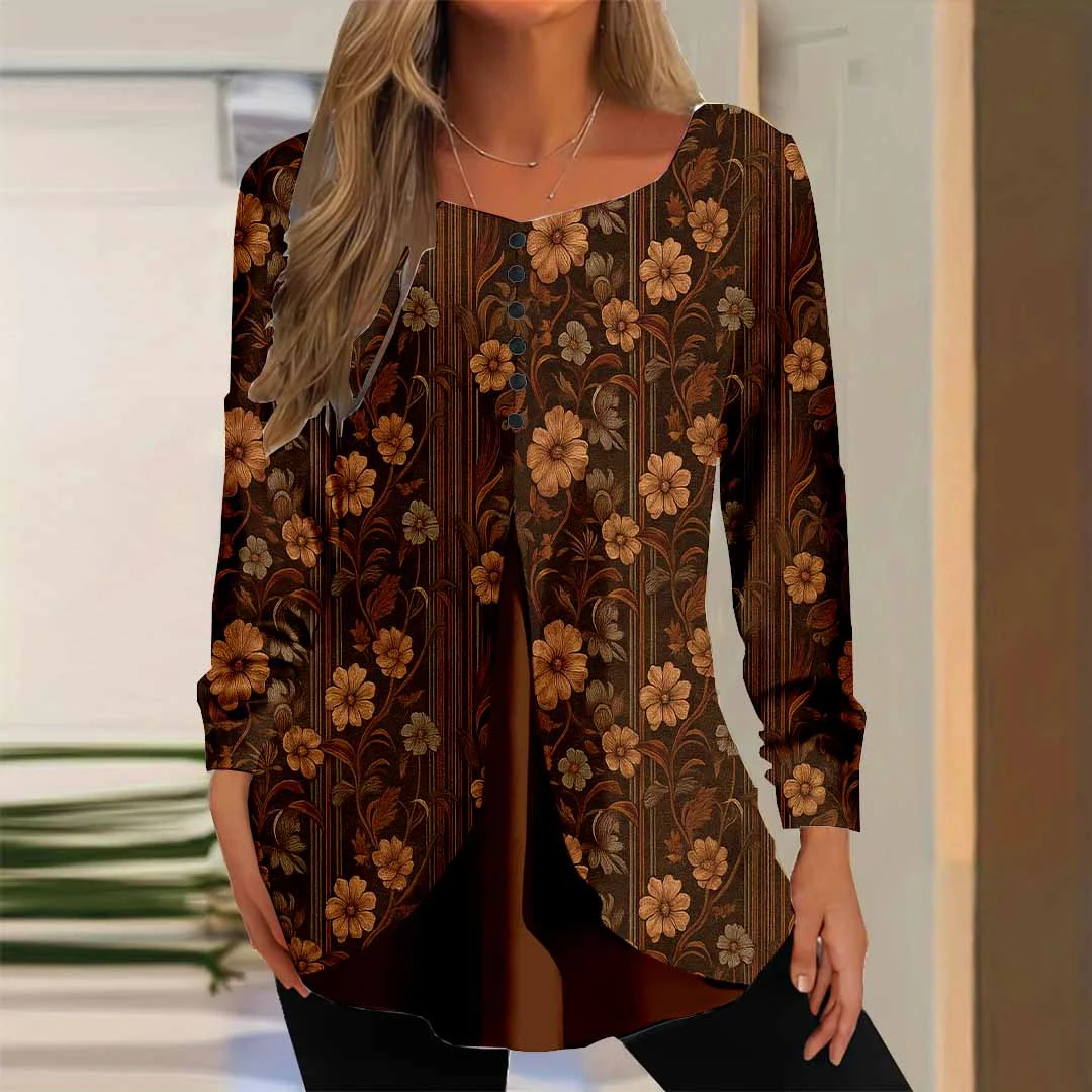 Women Floral,Brown DZGG8265 Long Sleeve Scoop Neck Printed Graphic Button Fake 2in1 Tops