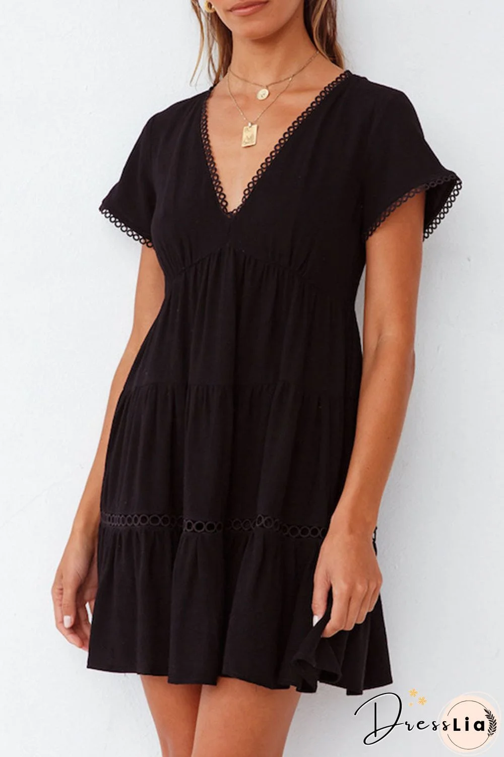 Fashion Street Solid  V Neck A Line Mini Dresses