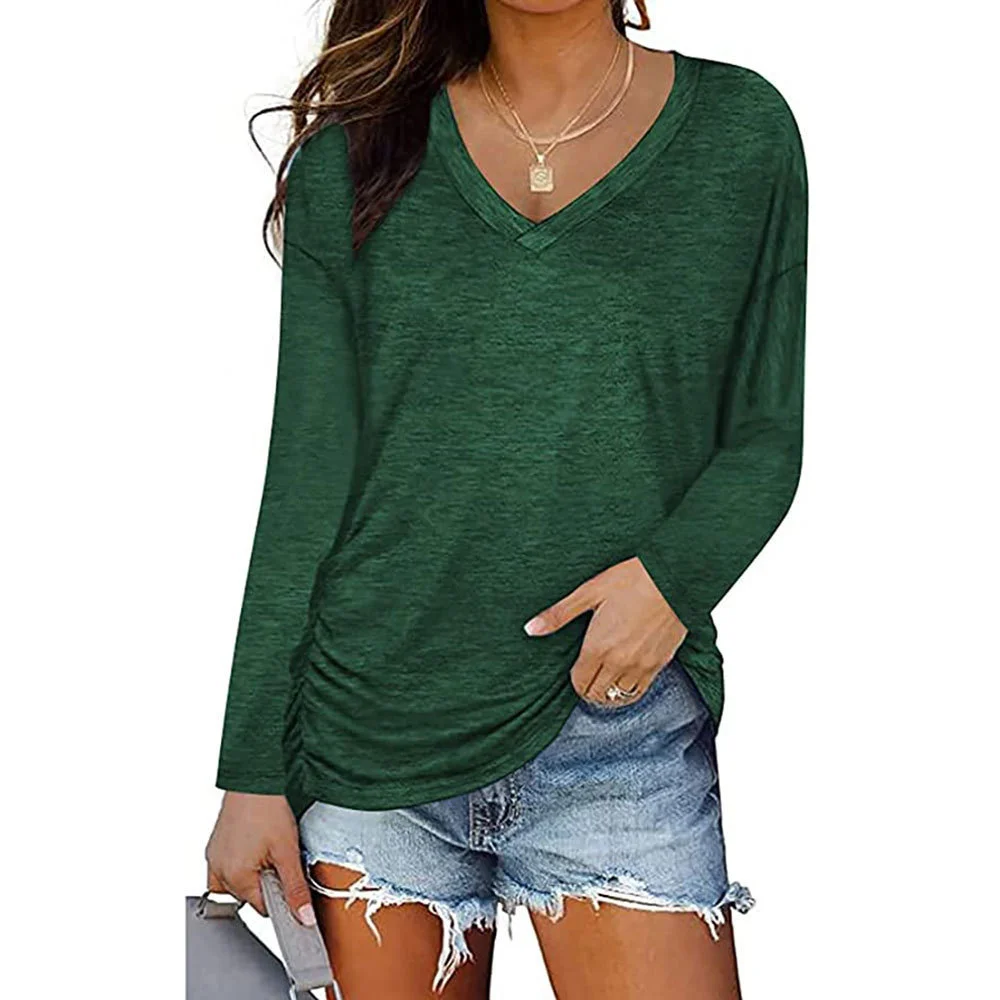 Churchf Churchf New 2023 Autumn / Winter 2023 Women's V-Neck Pleated Long Sleeve T-Shirt Solid Color Loose Casual Top