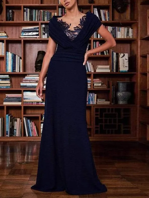 V-Neck Solid Color Lace Short Sleeves Maxi Dress