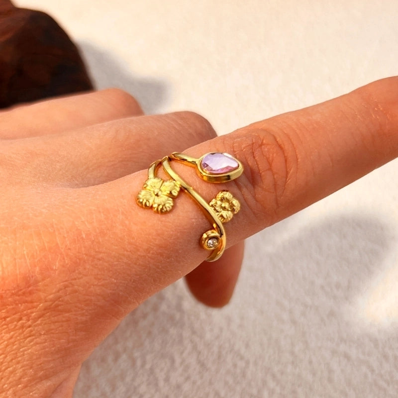 Casual Retro Classic Style Flower 304 Stainless Steel Zircon 18K Gold Plated Plating Open Rings