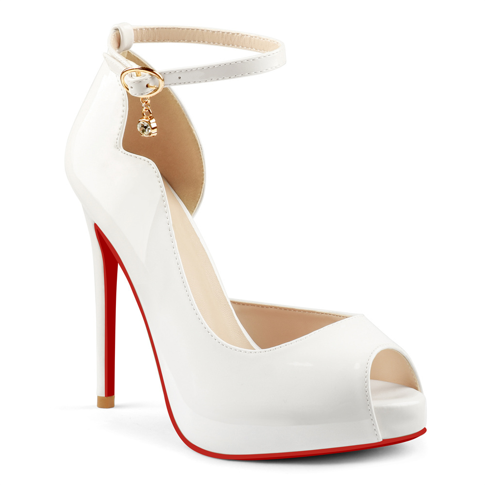 120mm Red Bottom Pendant Elastic Strap Slingback Sandals Peep Toe Platform Stilettos Patent Heels-MERUMOTE