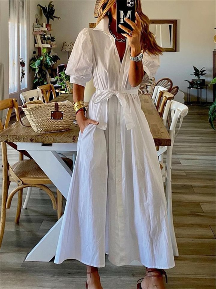 Women's Shirt Dress Casual Dress Maxi long Dress Outdoor Daily Vacation Polyester Fashion Casual Shirt Collar Lace up Ruched Half Sleeve Summer Spring Fall 2023 Regular Fit Black White Plain S M L XL -vasmok