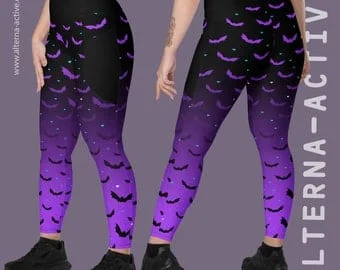 Pornhint Purple Spooky OmbrŽ Bat Print Full Length Gym Yoga Leggings with Pockets