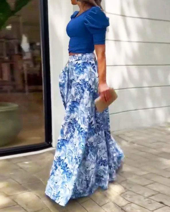 PUFF SLEEVE PRINT LONG TWO PIECE