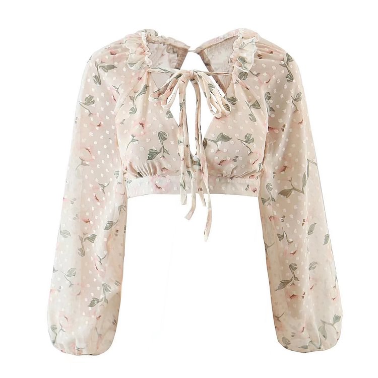 Puff Sleeve Backless Lace Up Chiffon Shirt Pleated Skirt Set - Modakawa Modakawa
