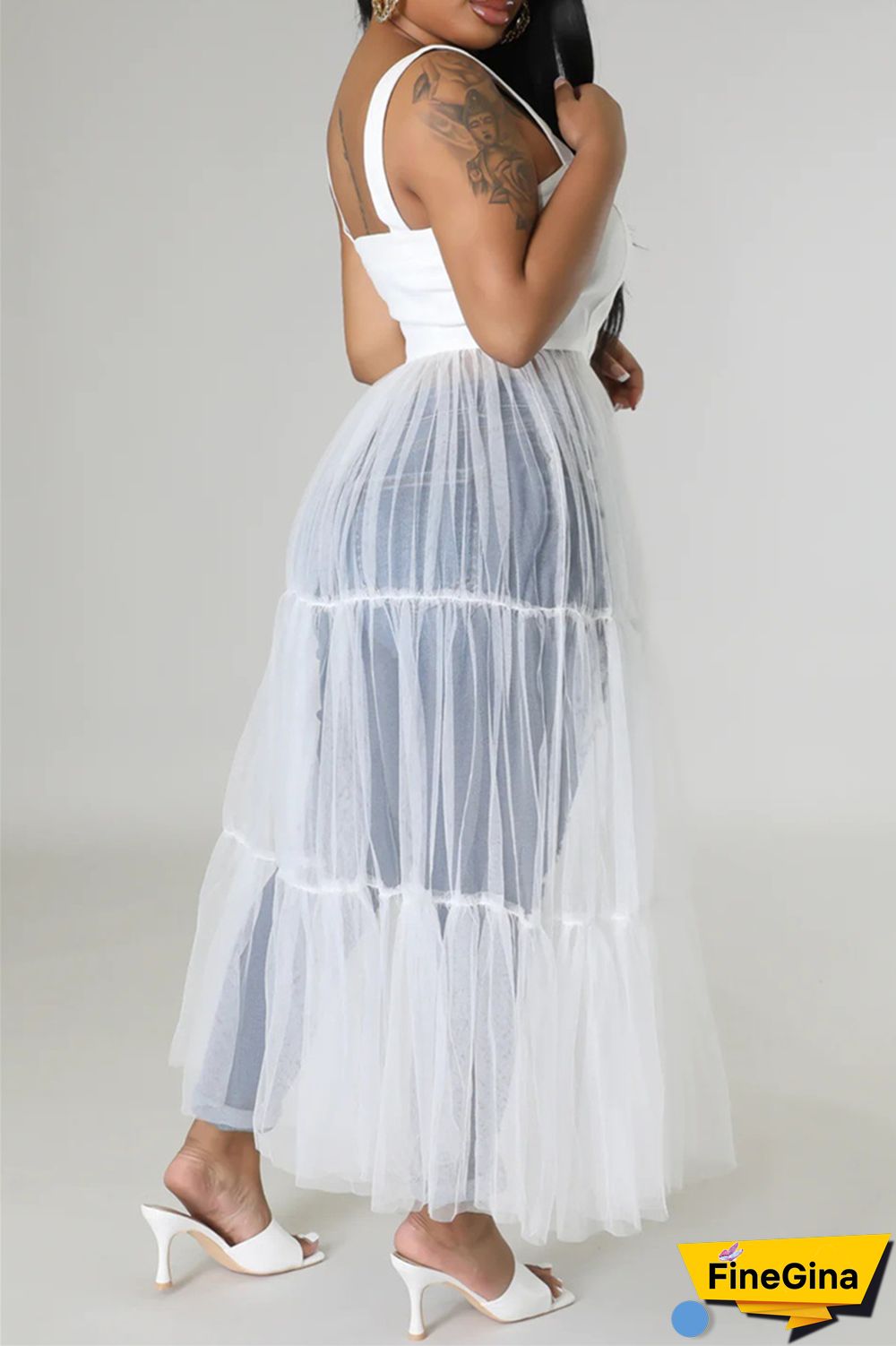 Black Casual Simplicity Solid Patchwork Fold Mesh Spaghetti Strap High Waist Tops