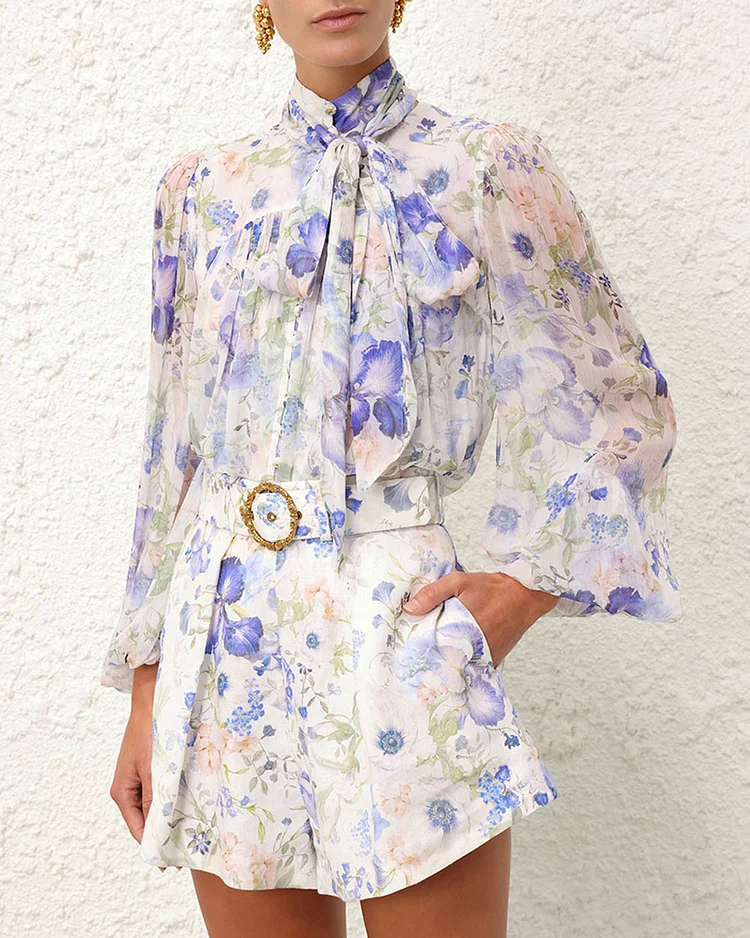 Floral Tie-neck Top and Shorts Two-piece Set