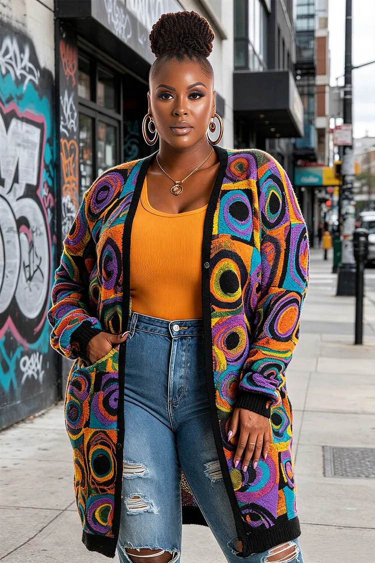 Xpluswear Design Plus Size Business Casual Multicolor Geometric Long Sleeve Pocket Crochet Cardigans [Pre-Order] 2024 - Xpluswear