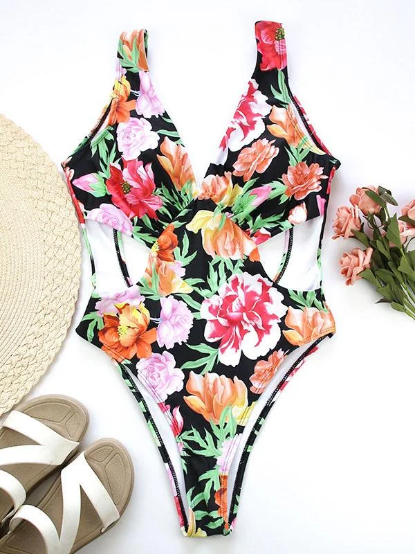 Printed Crop Backless One Piece Swimsuit