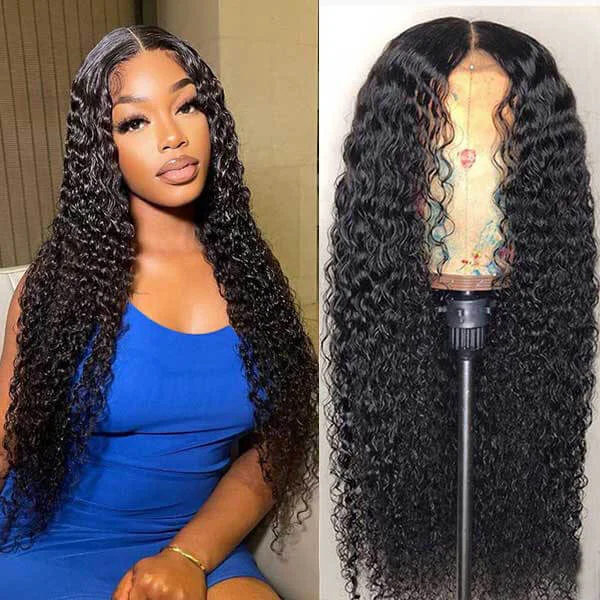 Deep Curly Wig 4x4 Lace Closure Wigs Brazilian Curly Wig Human Hair Natural Color