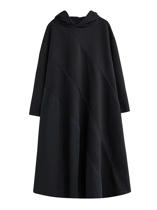 Casual Loose Long Sleeves Solid Color Hooded Midi Dresses