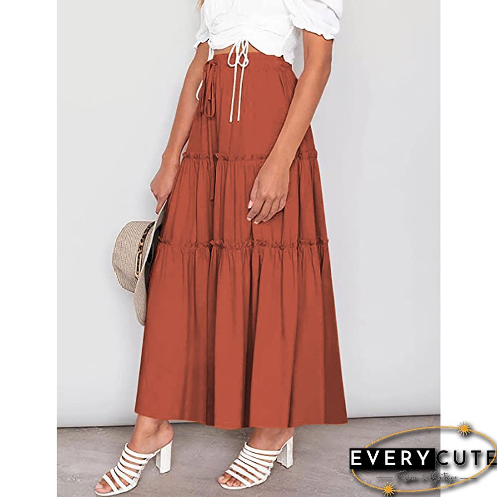 Orange High Waist A-line Drawstring Maxi Skirt