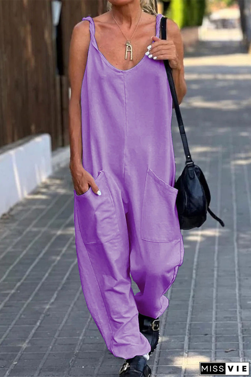 Casual Simplicity Solid Pocket U Neck Loose Jumpsuits(12 Colors)