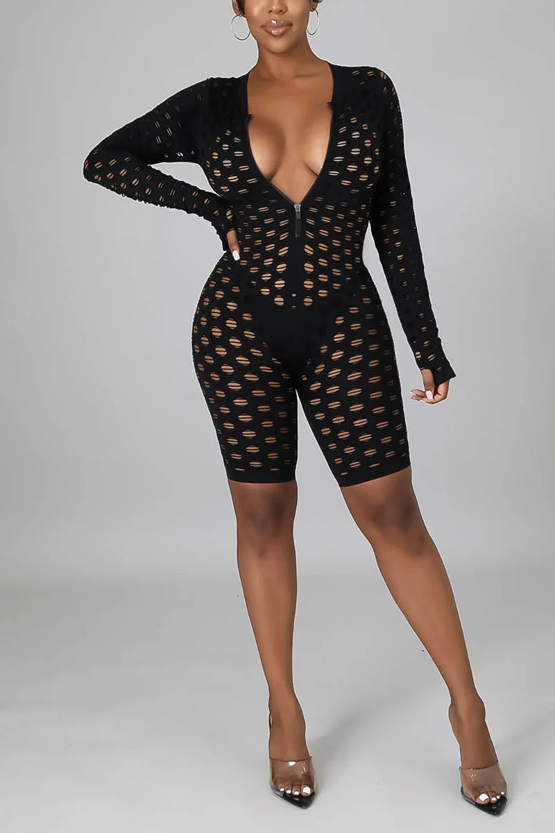 Fashion Casual Daily Solid Zipper Hollowed Out V Neck Regular Jumpsuits