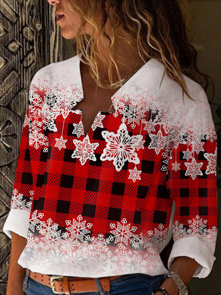 Long Sleeve V-Neck Petal Collar Geometric Gradient Snowflake Christmas Shirt Women's Shirt