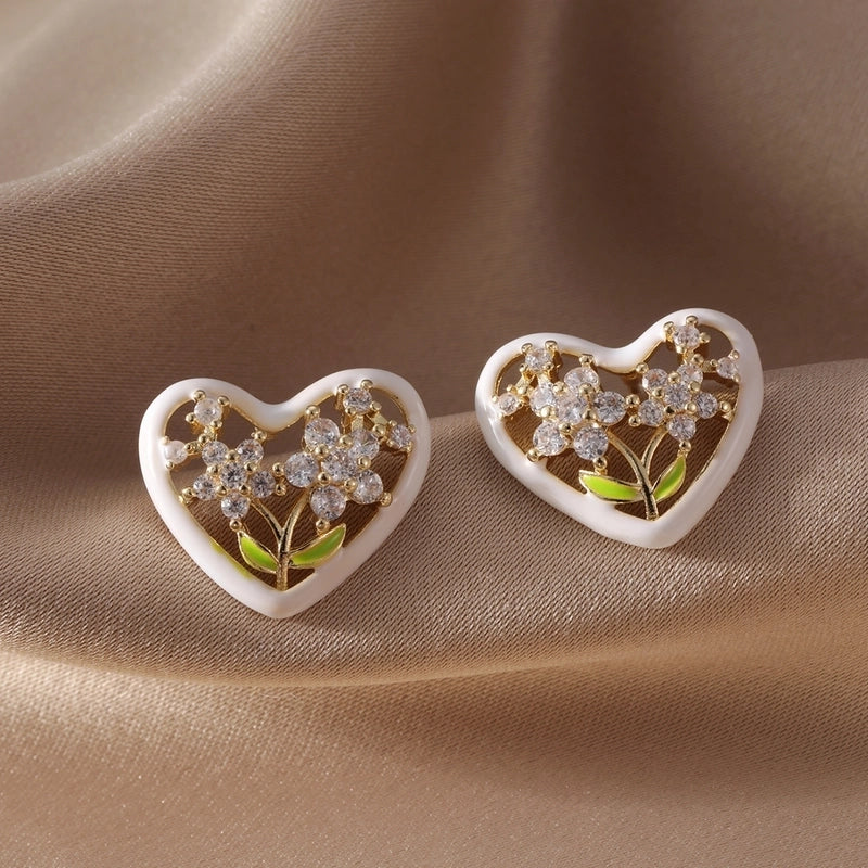 1 Pair Elegant Heart Shape Flower Enamel Inlay Copper Zircon Ear Studs