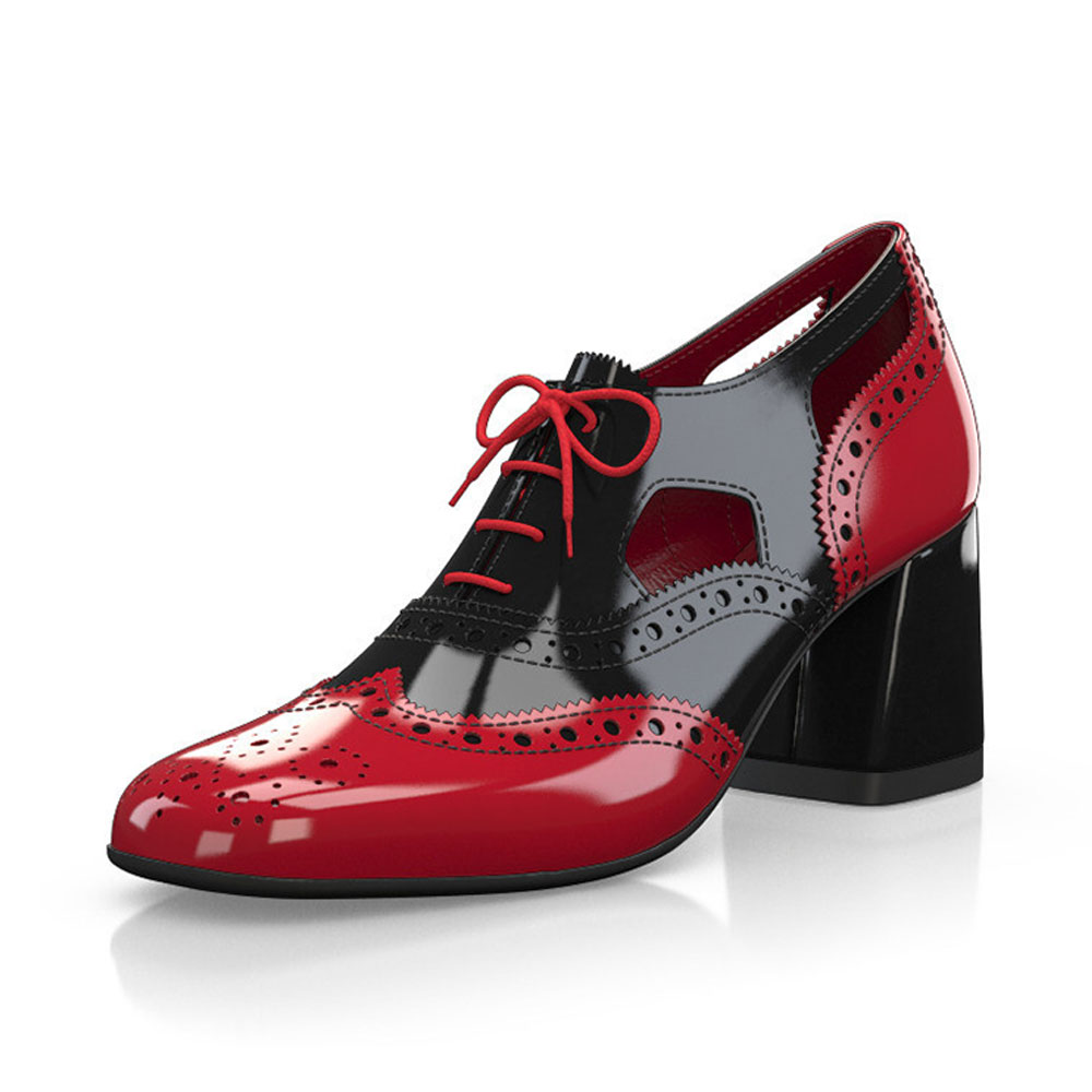 Black & Red Closed Toe Block Heel Lace-Up Oxford Shoes for Women Nicepairs