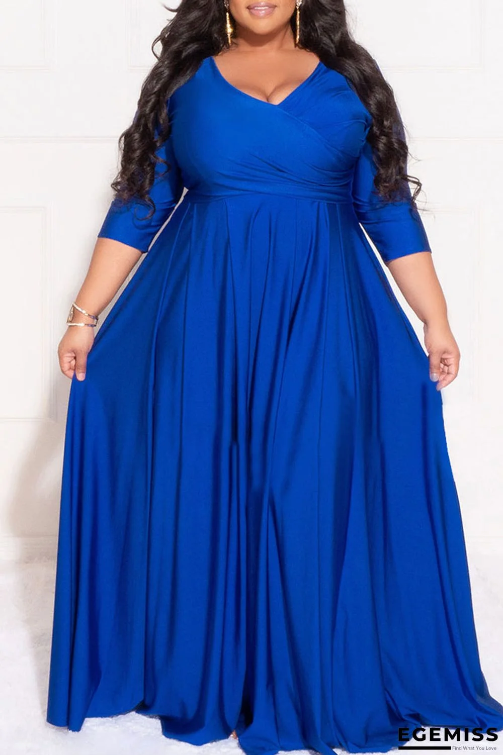 Blue Casual Solid Patchwork Fold V Neck A Line Plus Size Dresses | EGEMISS